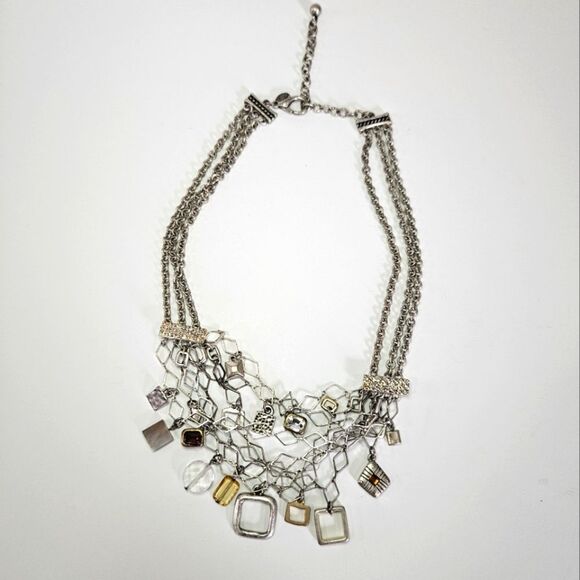 Vintage Chico's Multi-Strand Rhinestone Charm Chunky Silver Tone Necklace - Picture 1 of 9